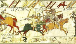Tote auf dem Schlachtfeld. Detail des Teppichs von Bayeux