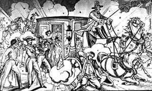 Zeitgenössische Darstellung des Attentats auf den französischen Kaiser Napoleon III. 1858, an dem der Italiener Felice Orsini maßgeblich beteiligt war.