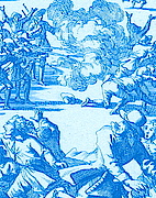 Detail einer frühmittelalterlichen Druckgrafik: Soldaten schießen auf Bürger